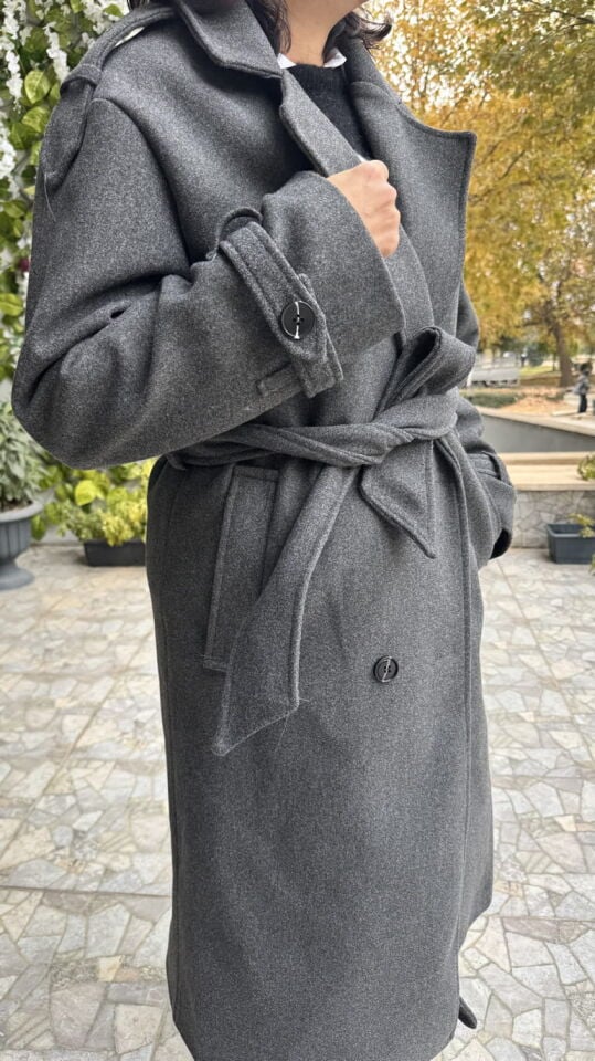 Premium Kalite Apolet Detaylı Antrasit Kaşe Kaban