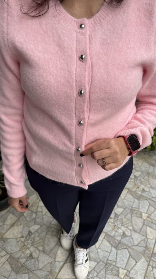 Pembe Triko Bisiklet Yaka Kısa Hırka