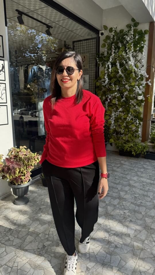 Kırmızı Basic Rahat Kalıp Bisiklet Yaka Body