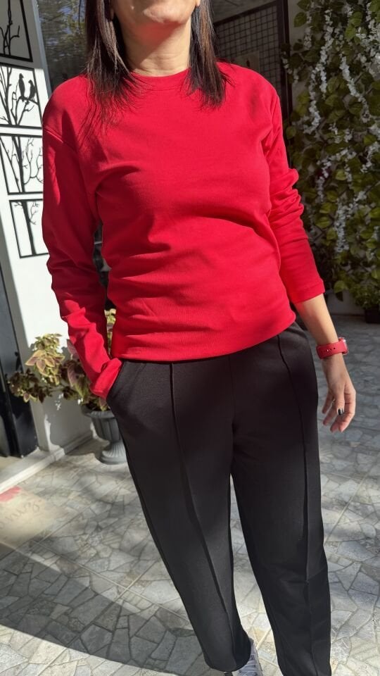 Kırmızı Basic Rahat Kalıp Bisiklet Yaka Body