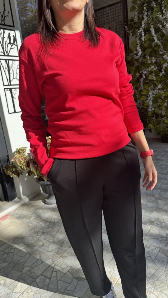 Kırmızı Basic Rahat Kalıp Bisiklet Yaka Body