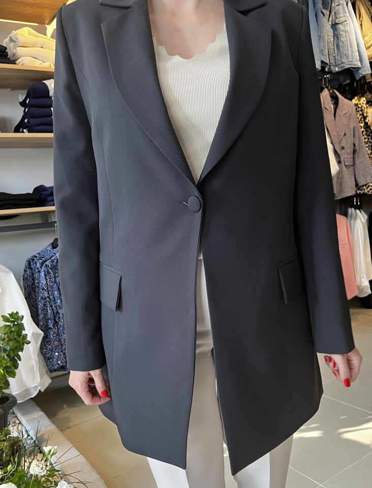 Uzun Siyah Pamuk Kumaş Tek Düğmeli Blazer Ceket