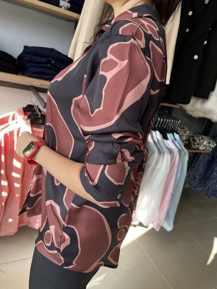 İpek Saten Kahve Siyah Desenli Gömlek