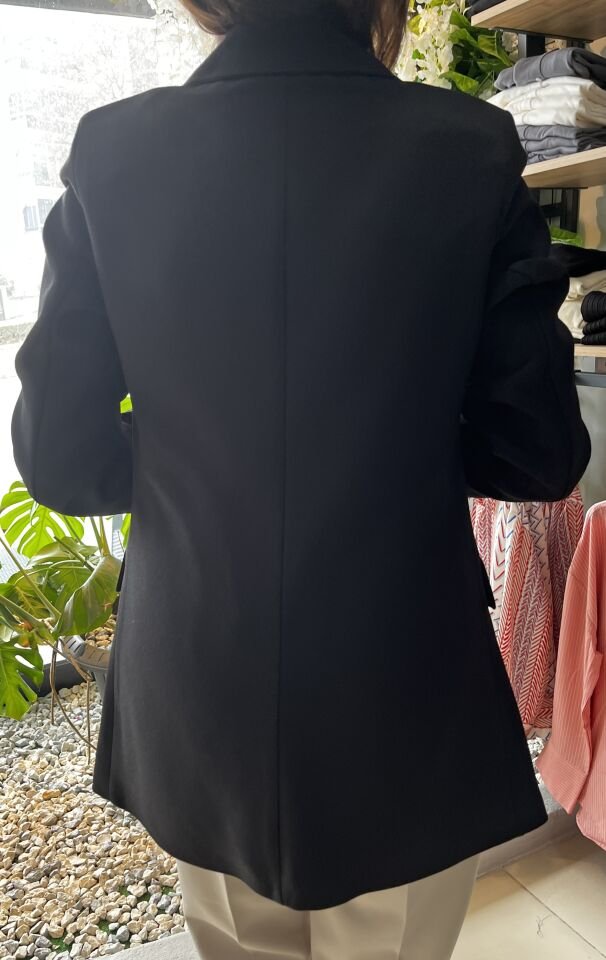 Yün Efekt Kumaş Tek Düğmeli Siyah Blazer Ceket