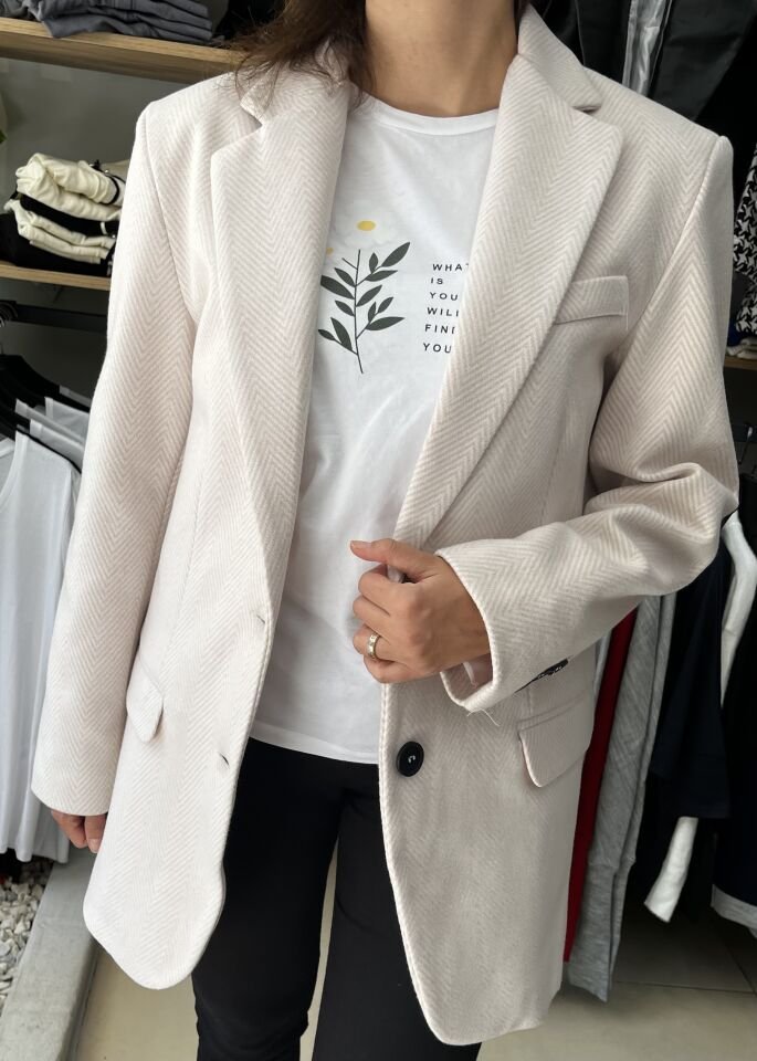 Ekru Kolu Deri Detaylı Balıksırtı Desenli Oversize Blazer Ceket