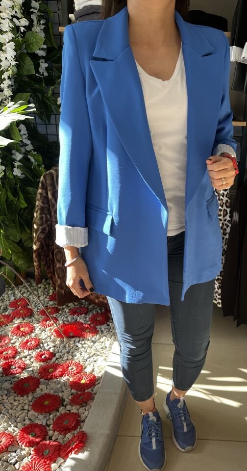 Kolu Katlı Mavi Oversize Blazer Ceket