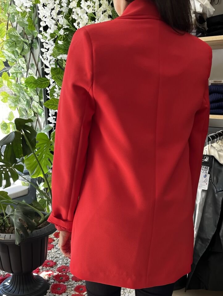 Kırmızı Midi Boy Şal Yaka Blazer Ceket