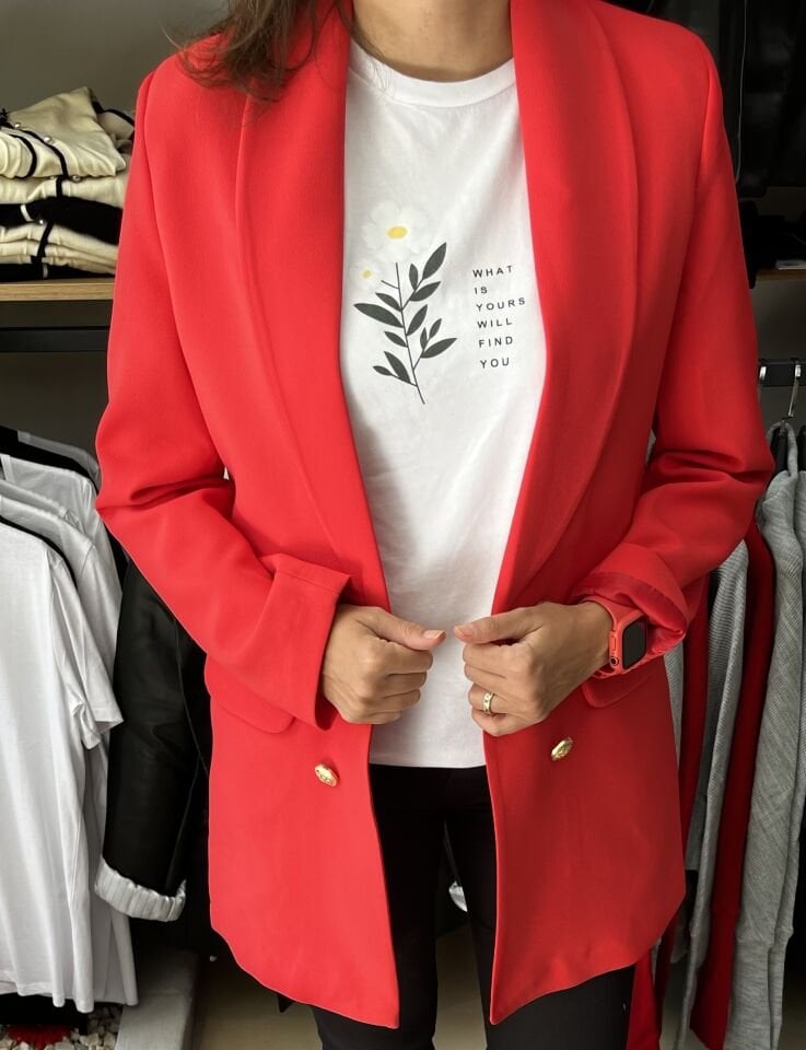 Kırmızı Midi Boy Şal Yaka Blazer Ceket