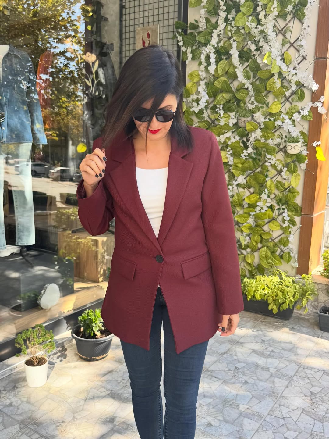 Yün Efekt Kumaş Tek Düğmeli Bordo Blazer Ceket